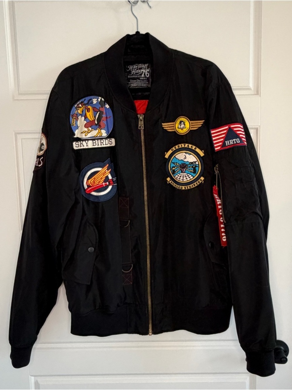 Heritage America Jacket Mens L Black Bomber Ribbed Cuffs Sky Birds Patches
